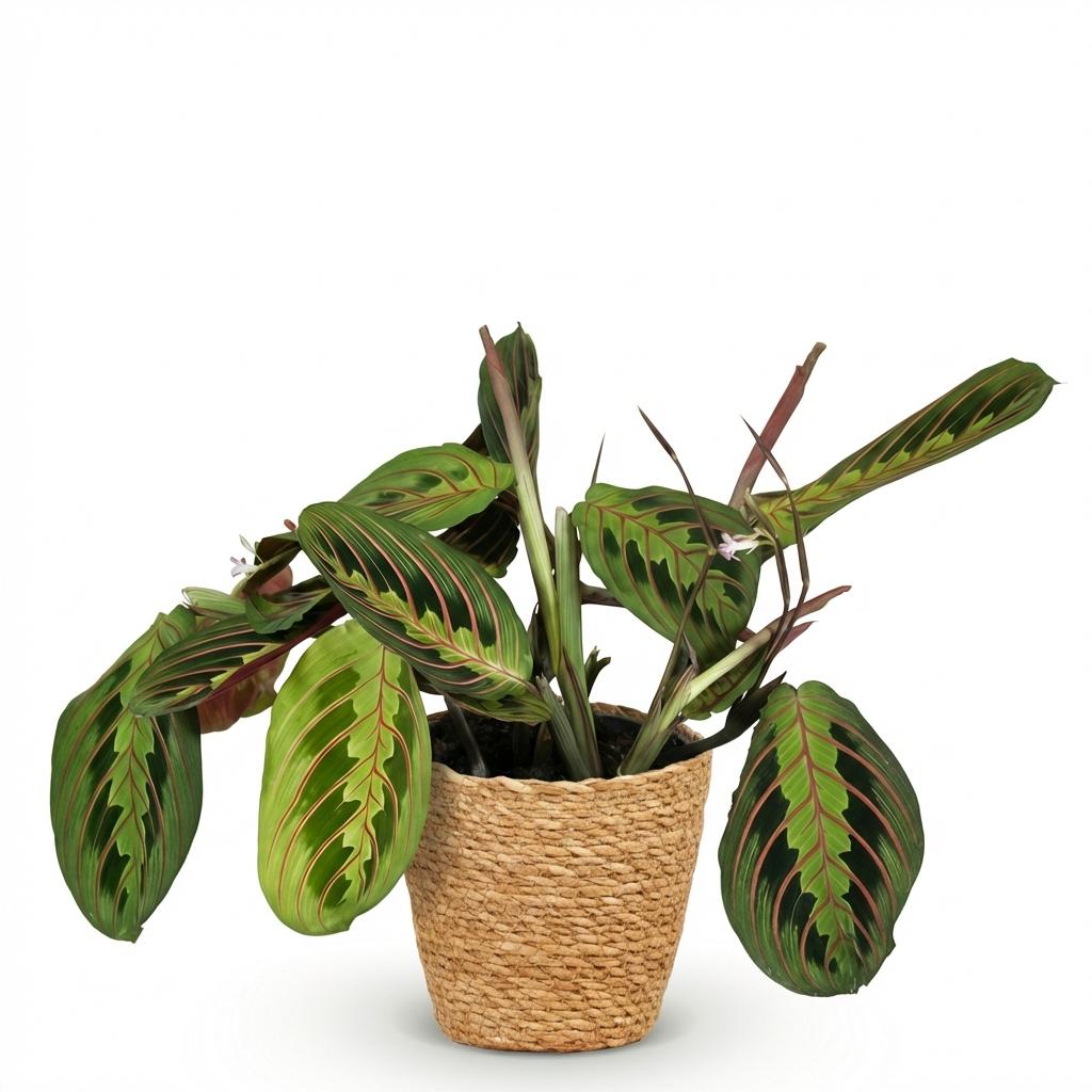 Green boutiQ - Zimmerpflanze - Maranta Fascinator Tricolour - Gebetspflanze - Haustierfreundliche Pflanze - Grün - 1 Pflanze - mit Korb - Topf 12cm - Höhe 25cm
