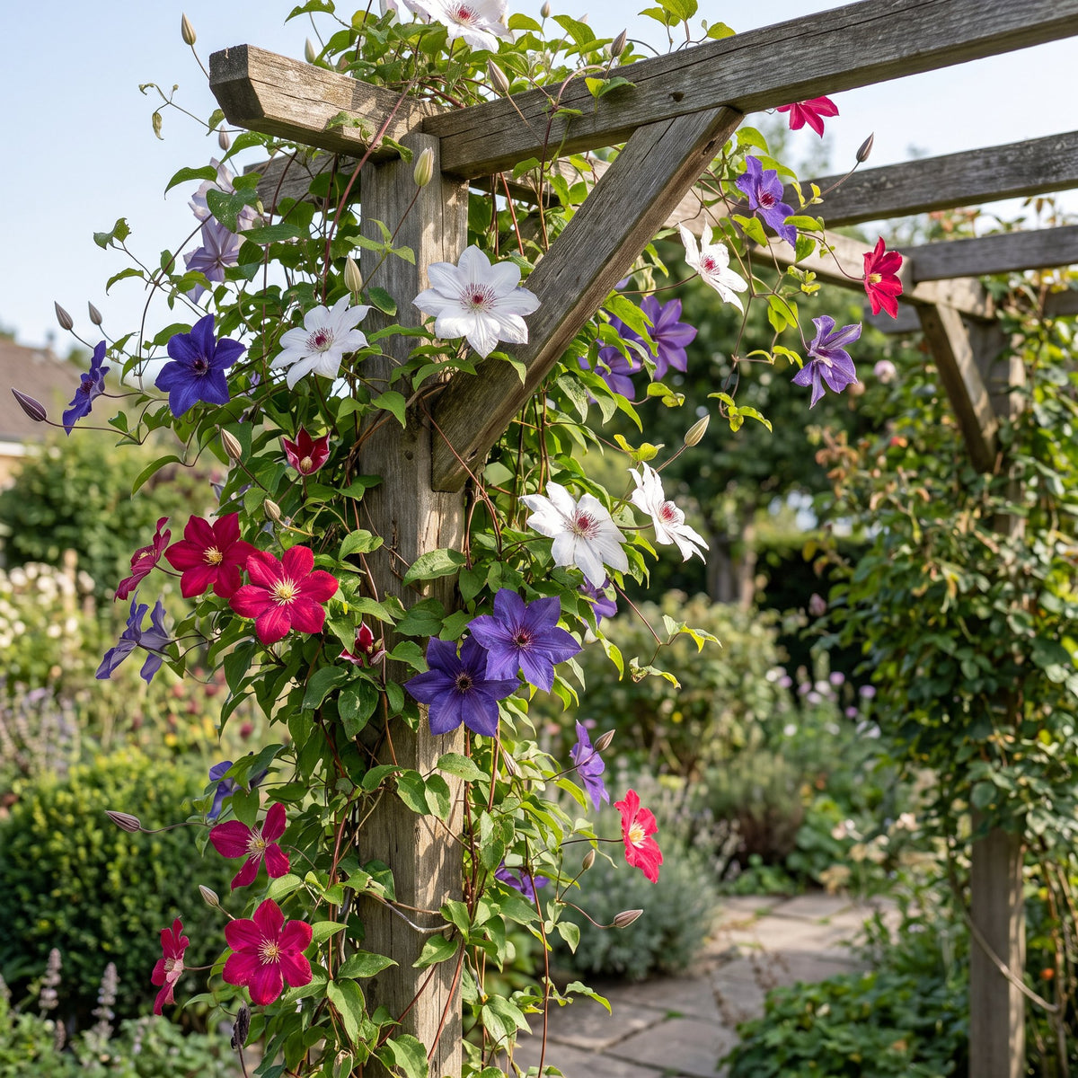 9x Clematis Tricolour - Driekleurige bosrank - Paars - Roze - Wit - Klimplant - Ø9cm - ↕35cm