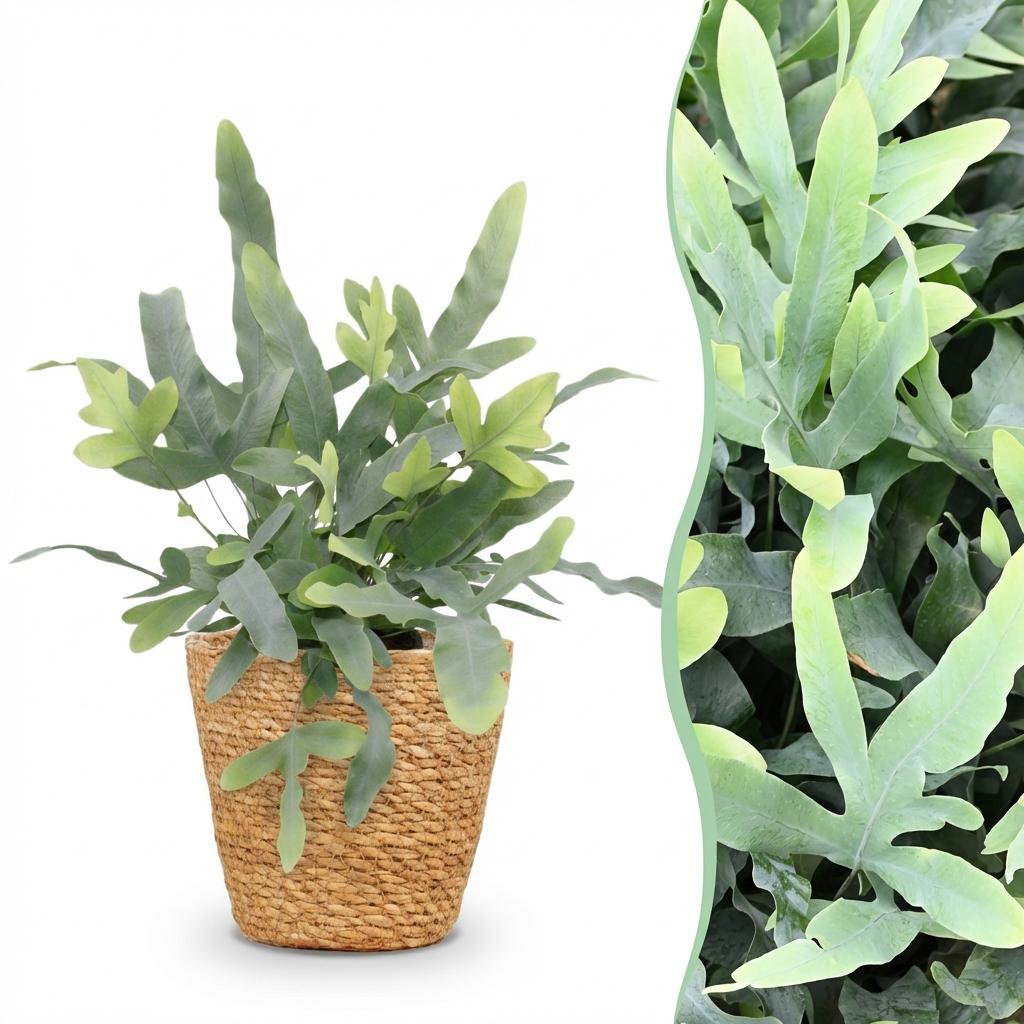 Green boutiQ - Plante d'intérieur - Phlebodium aureum Blue Star - Fougère bleue - Plante adaptée aux animaux de compagnie - Bleu - 1 plante - avec panier - Pot 12 cm - Hauteur 25 cm