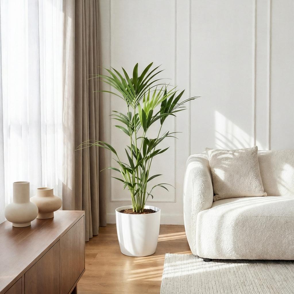 Green boutiQ - Plante d'intérieur - Howea Forsteriana - Palmier Kentia - Facile d'entretien - Vert - 1 Plante - avec Pot Blanc - Pot 21cm - Hauteur 120-130cm