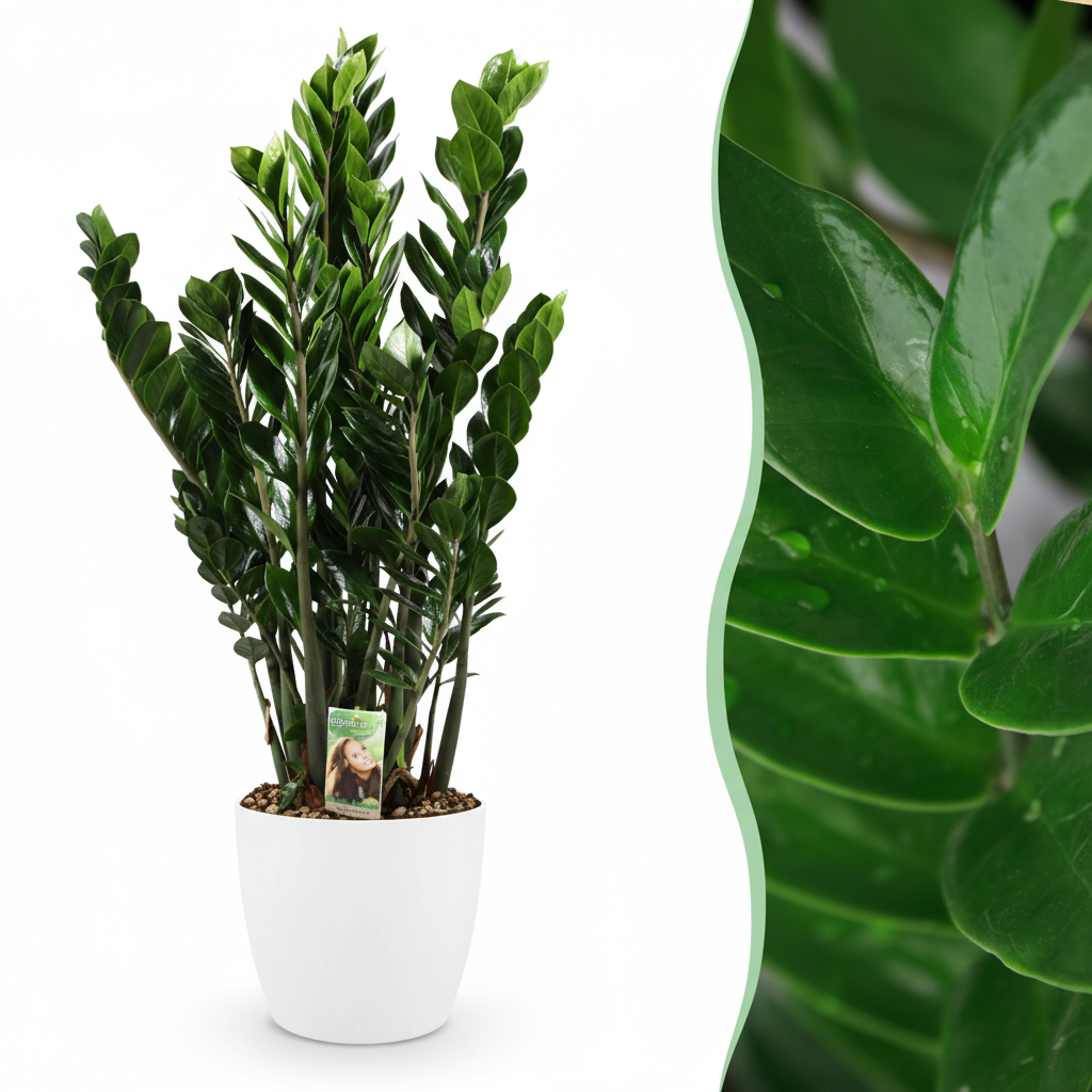 Green boutiQ - Plante d'intérieur - Zamioculcas - Zamioculcas Zamiifolia - Vert - Peu d'entretien - 1 plante - avec pot blanc - Pot 21 cm - Hauteur 80 - 90 cm