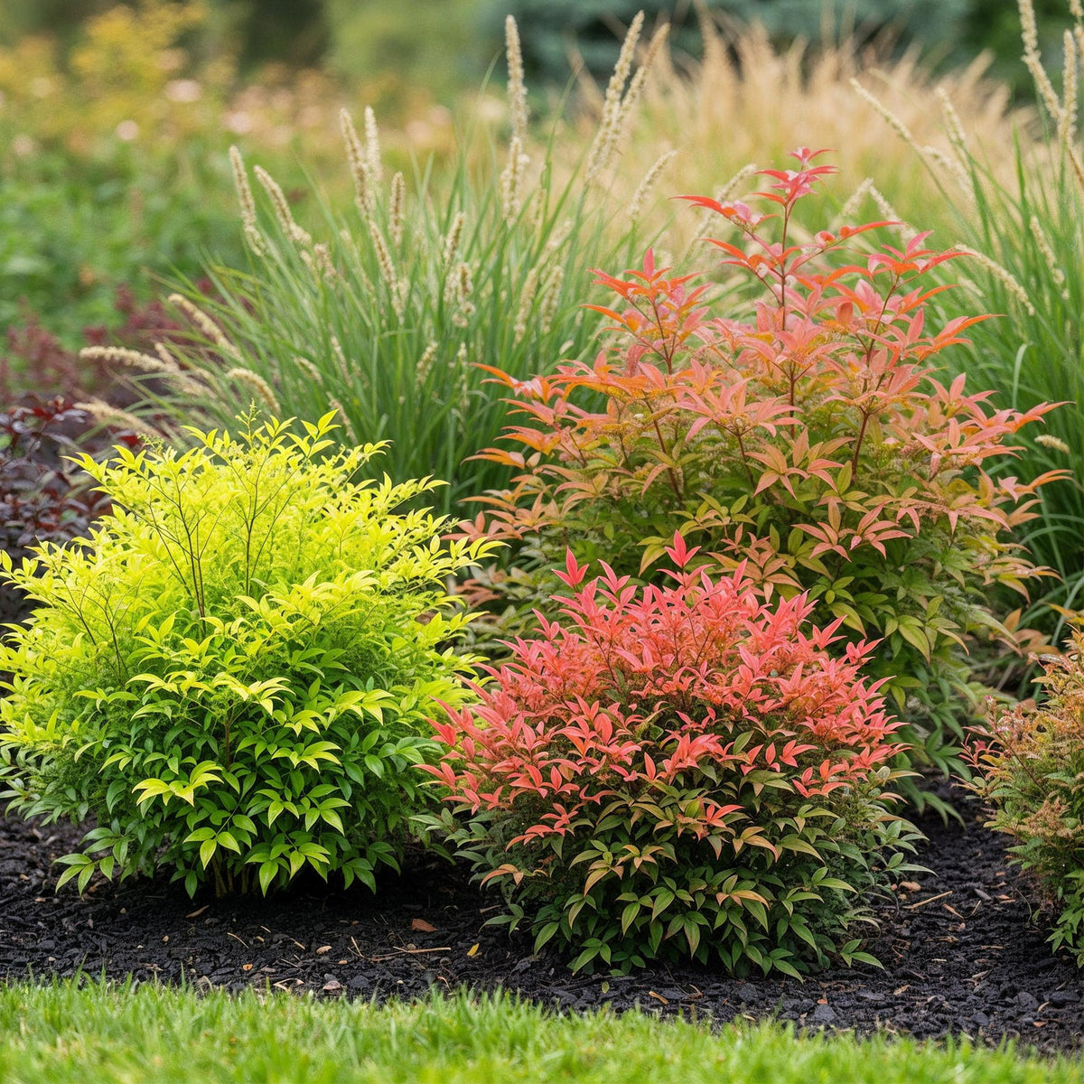 Green boutiQ - Gartenpflanze - Nandina Tricolour - Gelb & Rot & Orange - 3 Pflanzen - Immergrün - Pflegeleicht - Topf 17cm Höhe 45cm