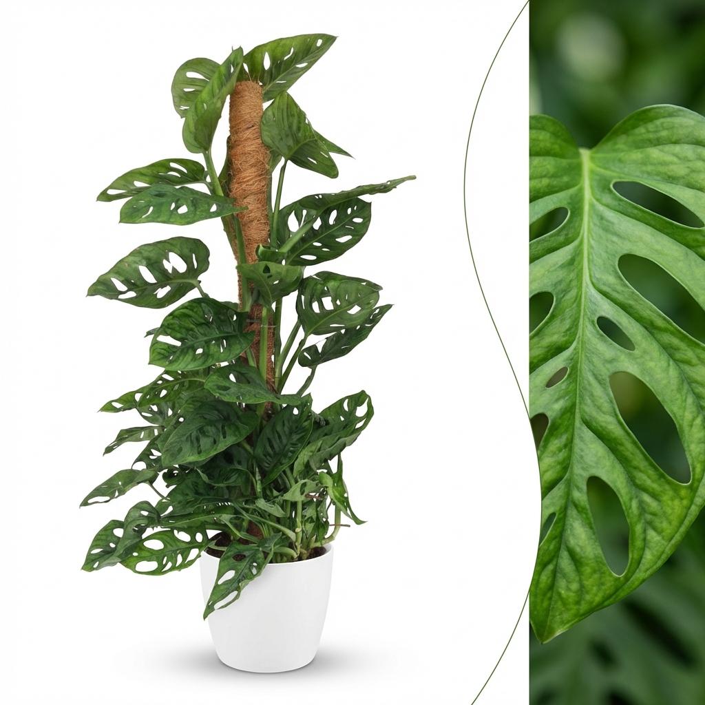 Green boutiQ - Plante d'intérieur - Monkey Mask - Monstera Adansonii sur tuteur - Vert - Peu d'entretien - 1 plante - avec pot blanc - Pot 19 cm - Hauteur 90 cm