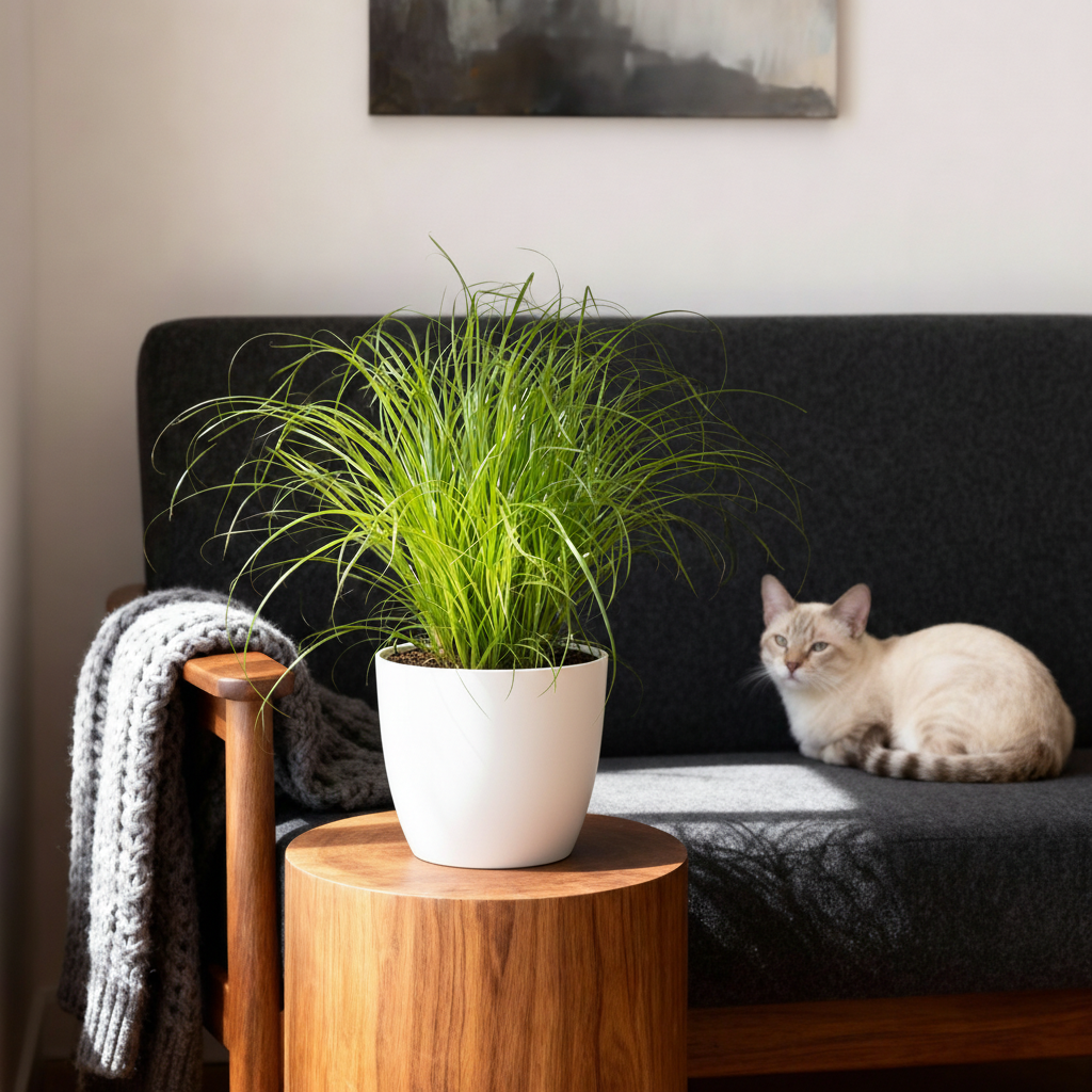 Green boutiQ - Plante d'intérieur - Cyperus alternifolius Zumula - Herbe à chat - Plante adaptée aux animaux de compagnie - Vert - 2 Plantes - avec Cache-pot Blanc - Pot 12cm - Hauteur 20cm