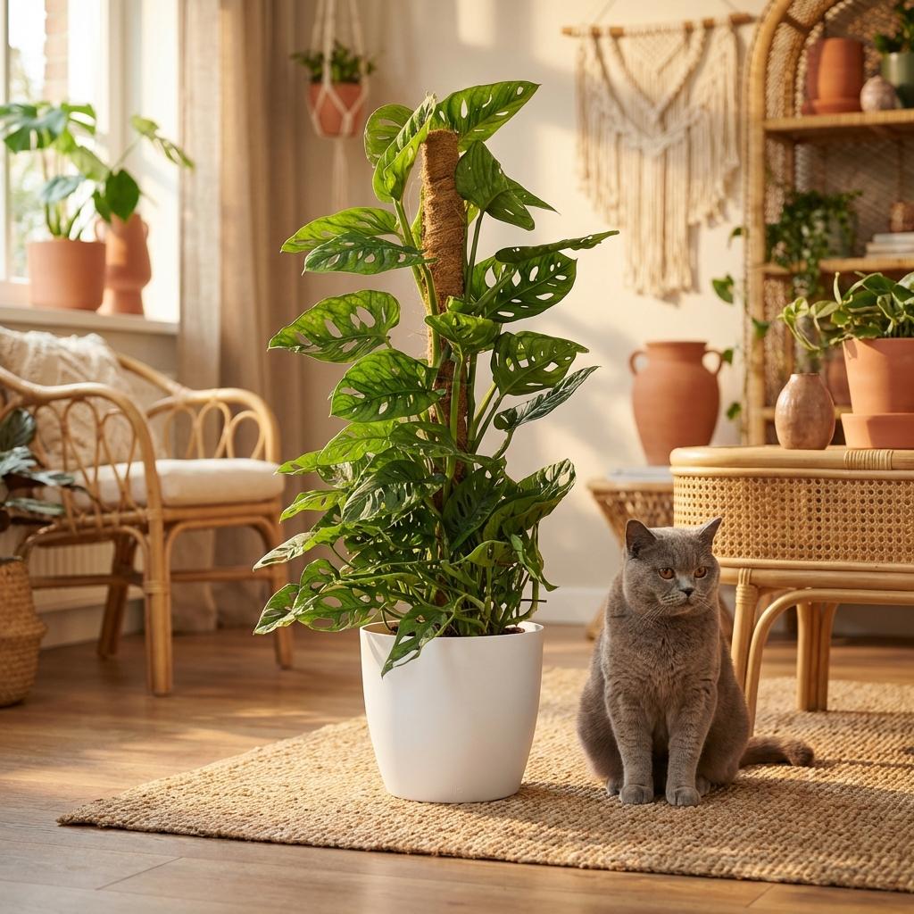 Green boutiQ - Kamerplant - Monkey Mask - Monstera Andansonii Mosstok - Groen - Weinig onderhoud - 1 Plant - met Potter Wit - Pot 19cm - Hoogte 90cm