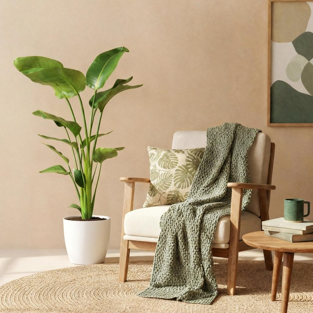 Green BoutiQ - Plantes d'intérieur - Strelitzia Nicolai - Oiseau du paradis - Entretien facile - Vert - 1 plante - avec pot blanc - Pot 21cm - Hauteur 110-120cm