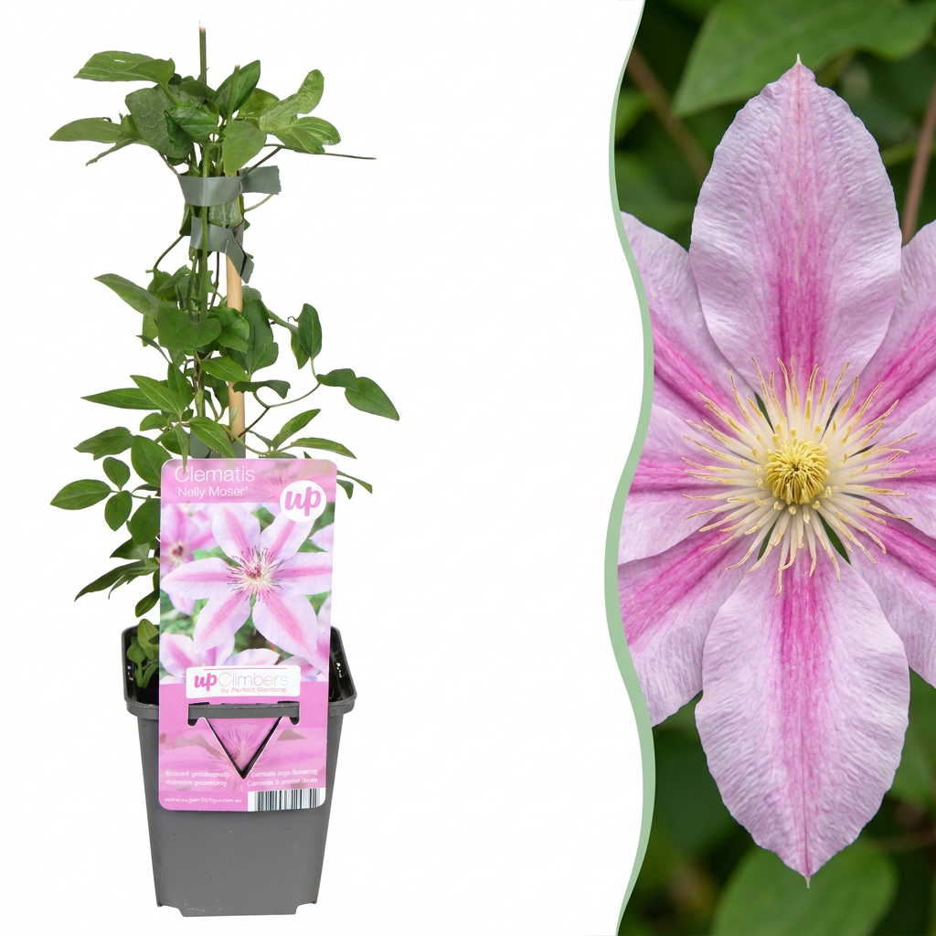 6x Clematis Nelly Moser - Bosrank Nelly Moser - Wit - Roze - Klimplant - Ø9cm - ↕35cm