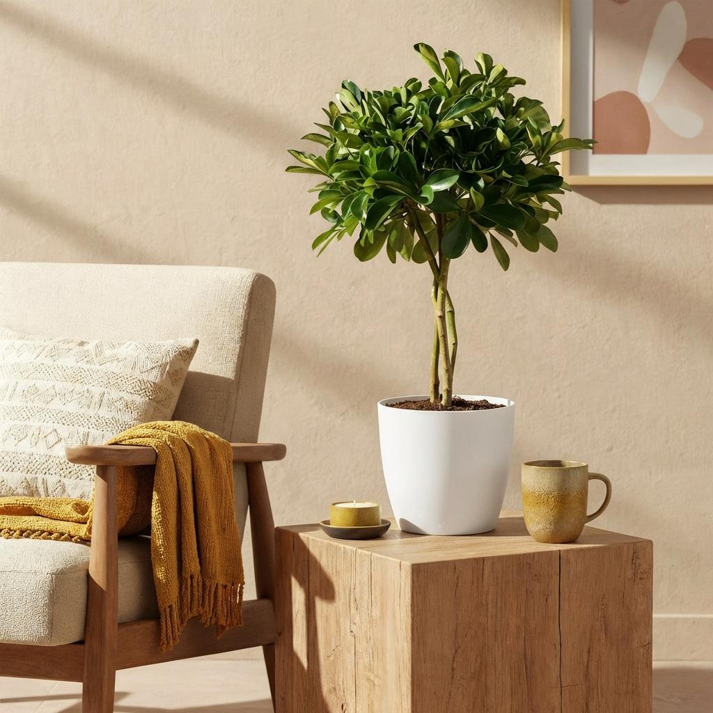 Green boutiQ - Plantes d'intérieur - Schefflera Gold Capella - Arbre à ombrelle - Peu d'entretien - Vert - doré - 1 Plante - avec Pot Blanc - Pot 21cm - Hauteur 70-80cm