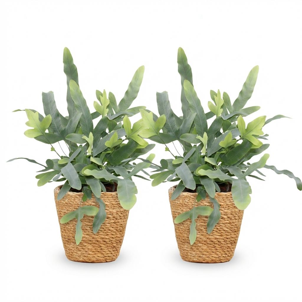 Green boutiQ - Zimmerpflanze - Phlebodium aureum Blue Star - Blaublattfarn - Haustierfreundliche Pflanze - Blau - 2 Pflanzen - mit Korb - Topf 12 cm - Höhe 25 cm