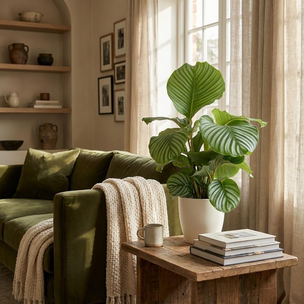 Green boutiQ - Plante d'intérieur - Plante paon - Calathea Orbifolia - Vert - Peu d'entretien - 1 plante - avec pot blanc - Pot 21cm - Hauteur 60 - 70cm