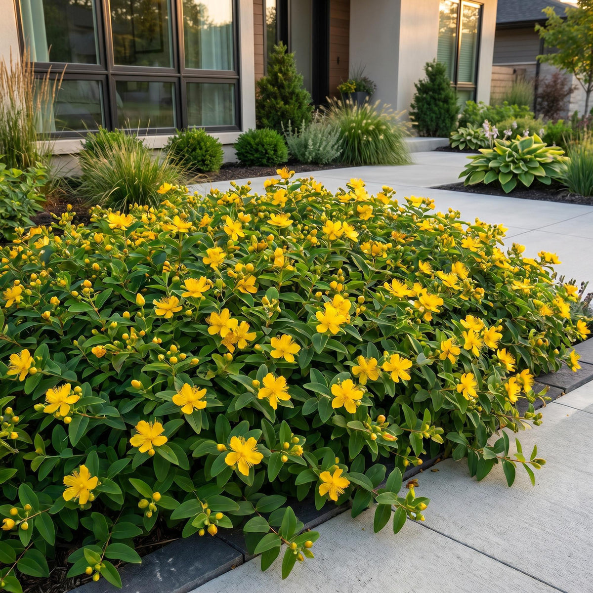Green boutiQ - Stauden - Hypericum calycinum - Johanniskraut - Bienen- und Schmetterlingsmagnet - Gelb - 6 Pflanzen - Topf 11 cm - Höhe 15-25 cm