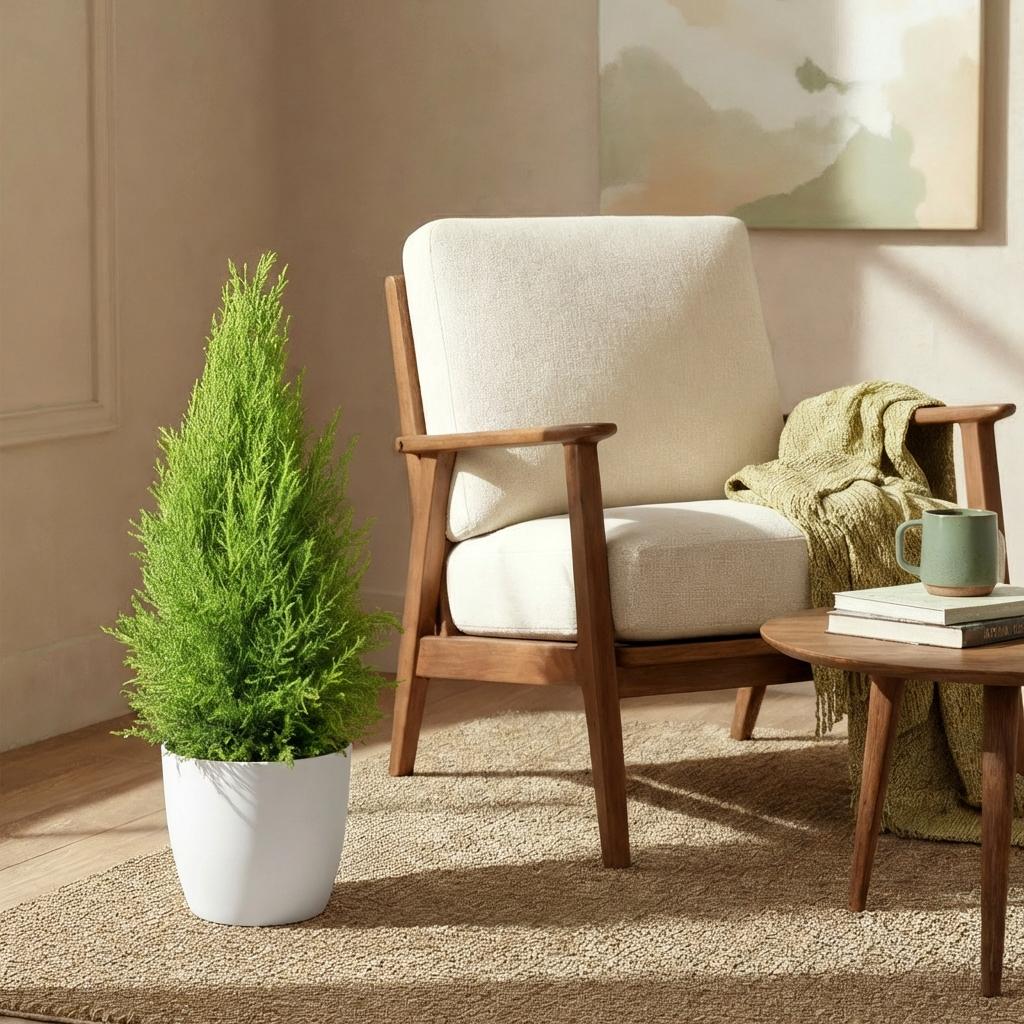 Green BoutiQ - Plantes d'intérieur - Cupressus Gold Crest Wilma - Conifère d'intérieur - Peu d'entretien - Vert - 1 plante - avec pot blanc - Pot 21cm - Hauteur 85-95cm