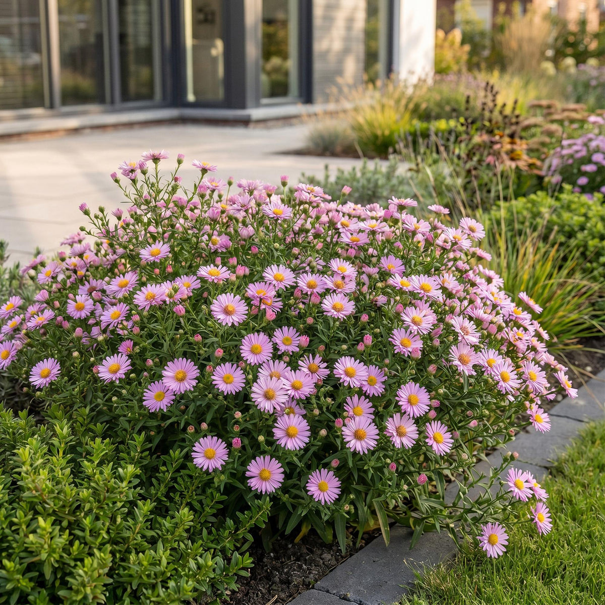 Green boutiQ - Stauden - Aster Wood's Pink - Prachtspiere - Bienen- und Schmetterlingsmagnete - Rosa - 3 Pflanzen - Topf 11cm - Höhe 15-25cm