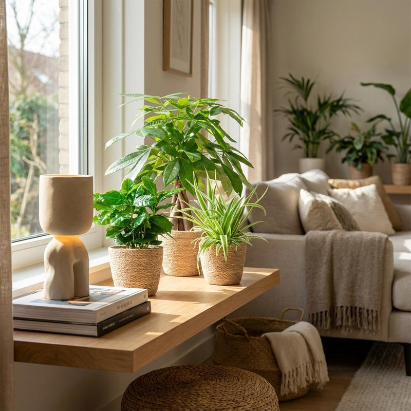 Green boutiQ - Kamerplant - Mix van 3 Makkelijke Kamerplanten - Pachira Aquatica, Coffea Arabica, Chlorophytum - Groen - Weinig onderhoud - 3 Planten - met Mand - Pot 12 - 14cm - Hoogte 25 - 45cm