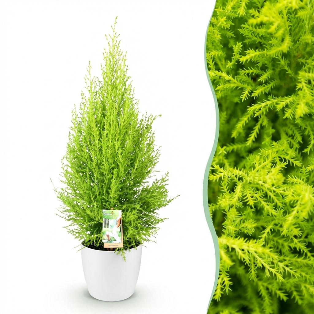 Green BoutiQ - Plantes d'intérieur - Cupressus Gold Crest Wilma - Conifère d'intérieur - Peu d'entretien - Vert - 1 plante - avec pot blanc - Pot 21cm - Hauteur 85-95cm