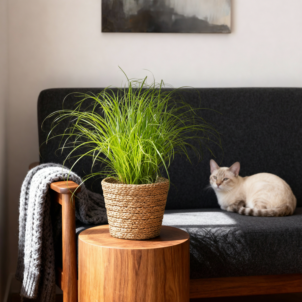 Green boutiQ - Zimmerpflanze - Cyperus alternifolius Zumula - Zyperngras - Haustierfreundliche Pflanze - Grün - 1 Pflanze - mit Korb - Topf 12cm - Höhe 20cm