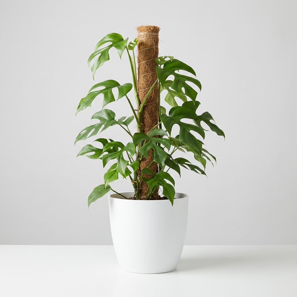 Green boutiQ - Zimmerpflanze - Mini-Fensterblatt - Monstera Minima Moosstab - Grün - pflegeleicht - 1 Pflanze - mit weißem Übertopf - Topf 19 cm - Höhe 90 cm