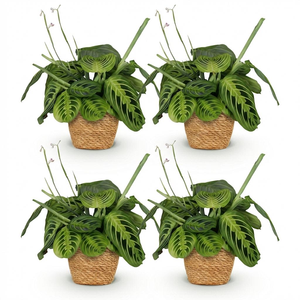 Green boutiQ - Zimmerpflanze - Maranta Fascinator Lemon Lime - Gebetspflanze - Haustierfreundliche Pflanze - Grün - 4 Pflanzen - mit Korb - Topf 12 cm - Höhe 25 cm