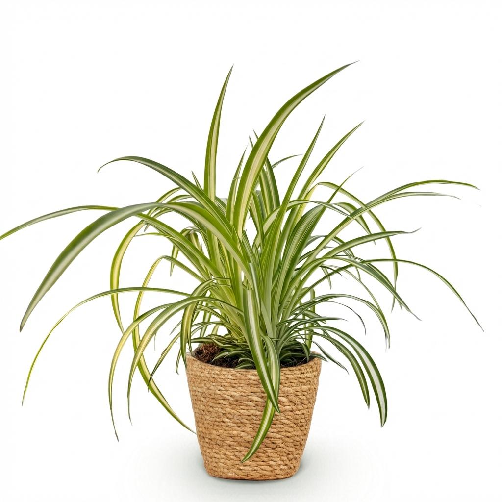 Green boutiQ - Zimmerpflanze - Chlorophytum comosum Variegatum - Bunte Grünlilie - Haustierfreundliche Pflanze - Grün - 1 Pflanze - mit Korb - Topf 12 cm - Höhe 20 cm