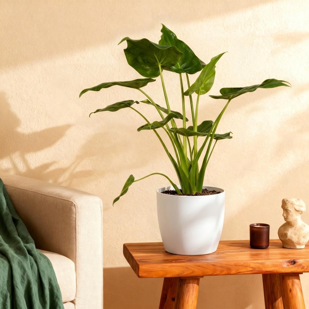 Green BoutiQ - Plantes d'intérieur - Alocasia Cucullata - Main de Bouddha - Faible entretien - Vert - 1 Plante - avec Pot Blanc - Pot 21cm - Hauteur 65-70cm