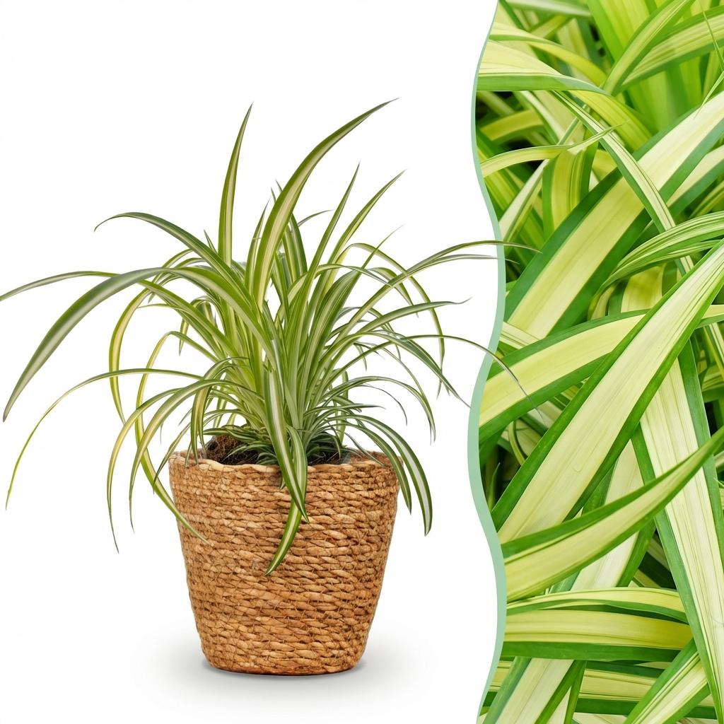 Green boutiQ - Plante d'intérieur - Chlorophytum comosum Variegatum - Phalangère panachée - Plante adaptée aux animaux de compagnie - Vert - 1 plante - avec panier - Pot 12cm - Hauteur 20cm