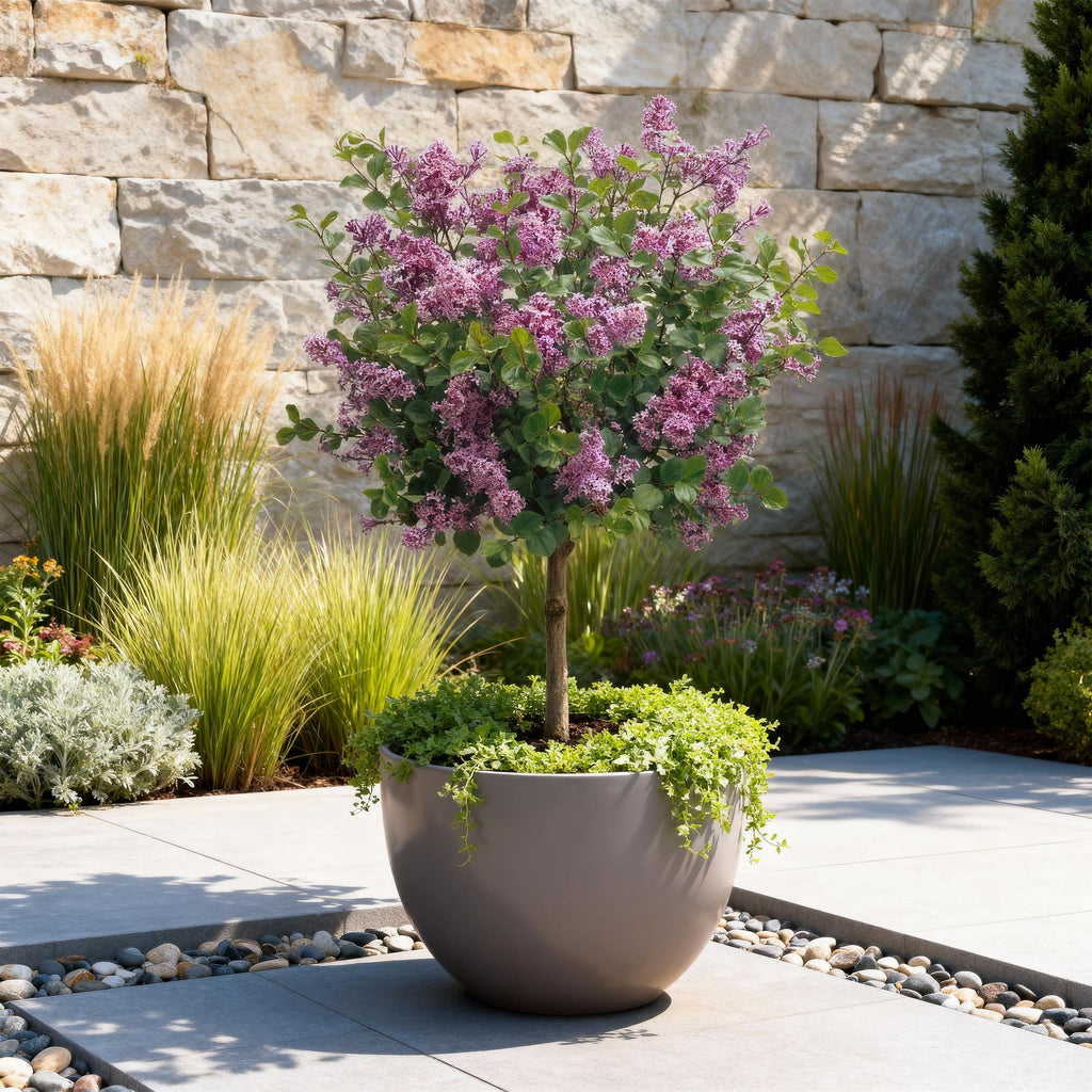Green boutiQ - Syringa meyeri Palibin sur tige - Plante de terrasse - Caduc - Rustique - Fleurs violettes - Pot 19cm Hauteur 90cm
