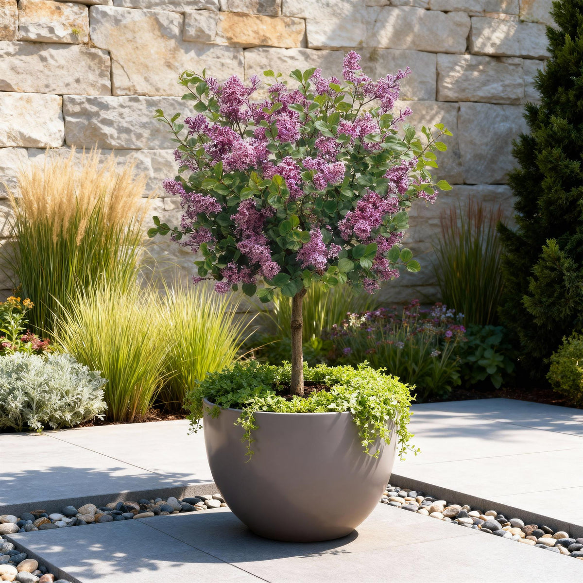 Green boutiQ - Syringa meyeri Palibin sur tige - Plante de terrasse - Caduc - Rustique - Fleurs violettes - Pot 19cm Hauteur 90cm