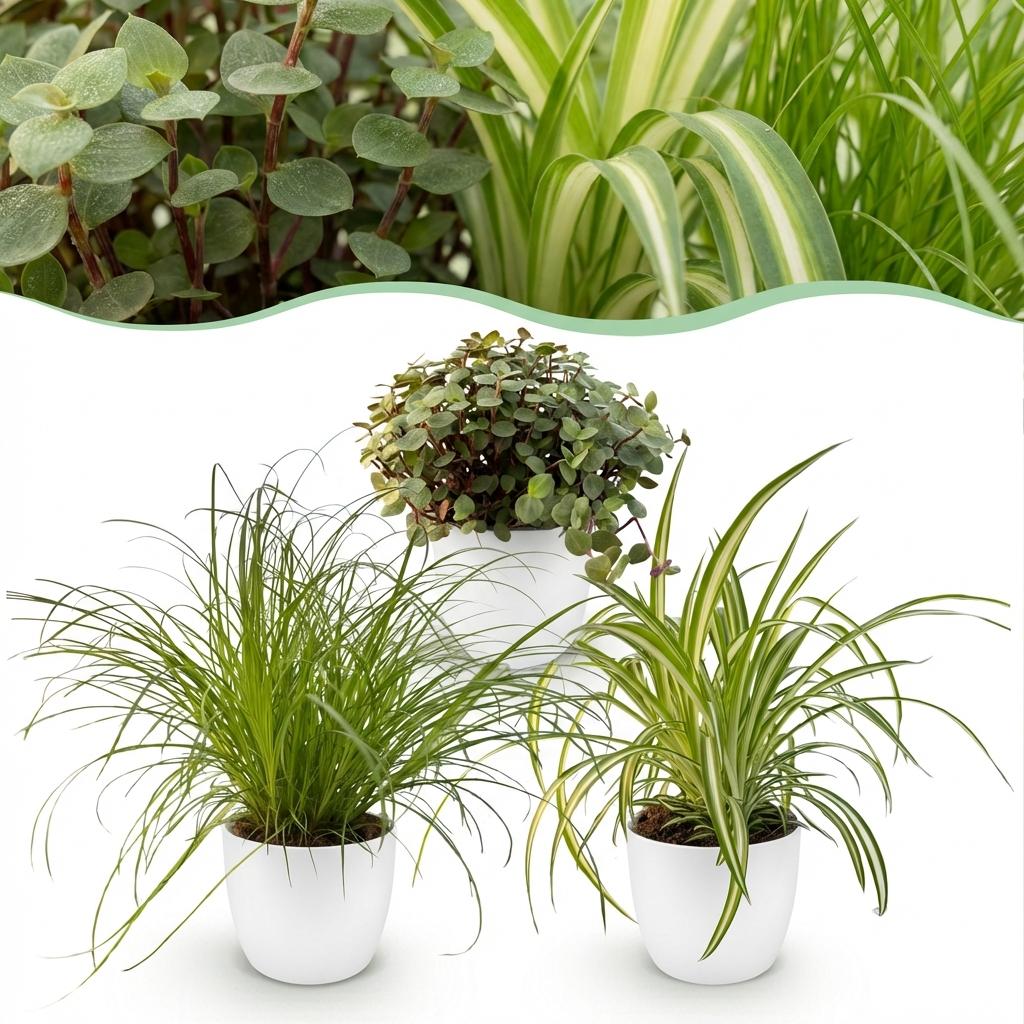 Green boutiQ - Plante d'intérieur - Cyperus - Callisia - Chlorophytum - Mélange de 3 - Plantes adaptées aux animaux de compagnie - Vert - 3 Plantes - avec pot blanc - Pot 12cm - Hauteur 20cm
