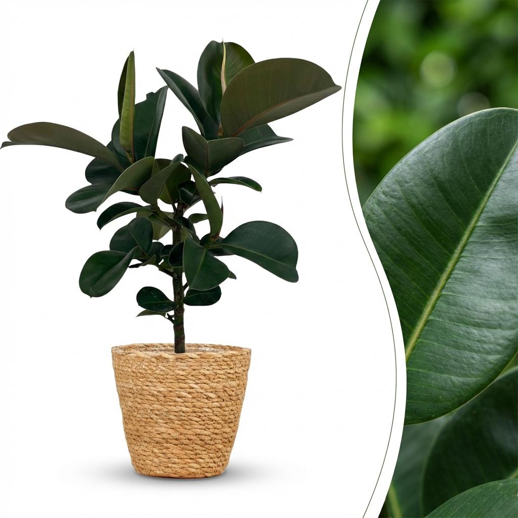 Green boutiQ - Plante d'intérieur - Plante en caoutchouc - Ficus Elastica Cloe - Vert - Entretien facile - 1 plante - avec panier - Pot 19cm - Hauteur 65cm