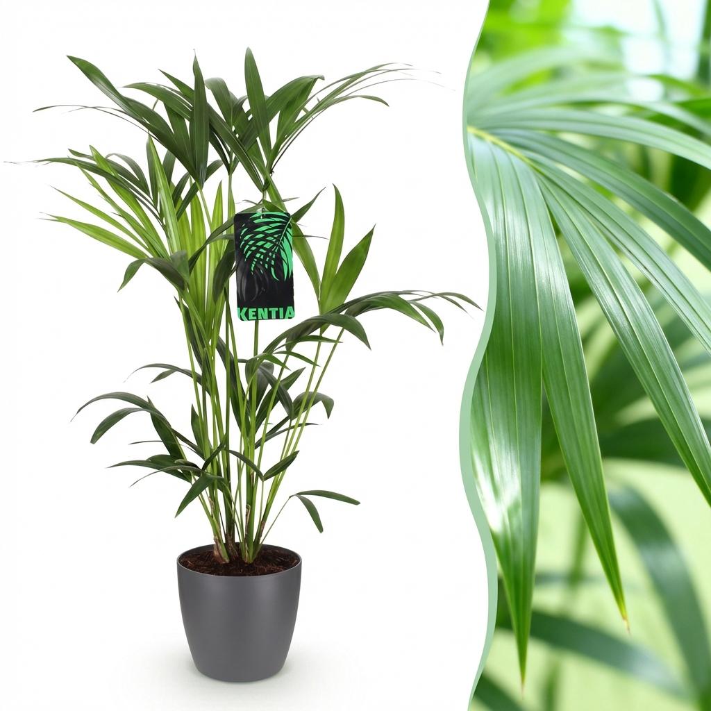 Green boutiQ - Zimmerpflanze - Howea Forsteriana - Kentia-Palme - Pflegeleicht - Grün - 1 Pflanze - mit Topf Grau - Topf 19cm - Höhe 80-85cm