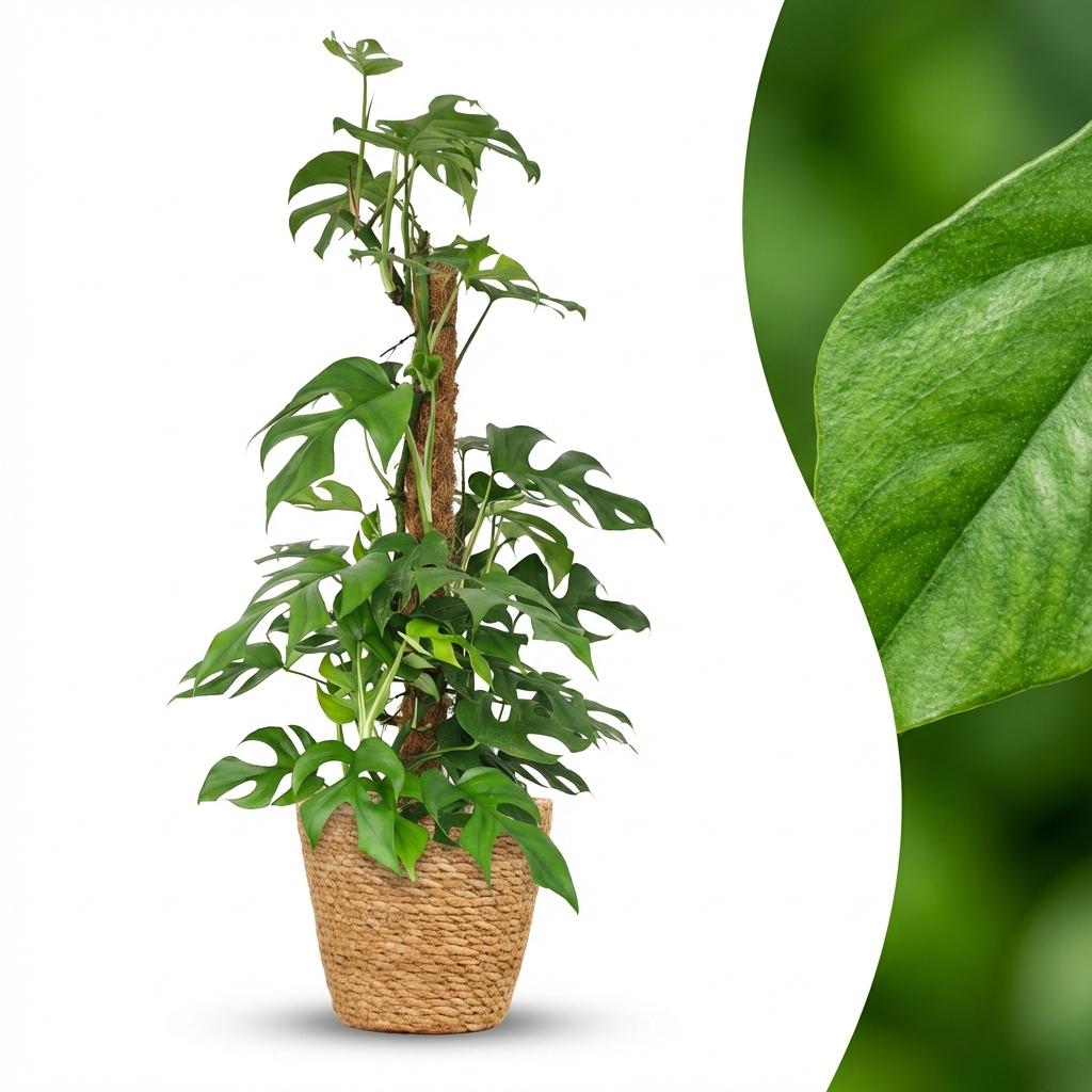 Green boutiQ - Zimmerpflanze - Mini-Fensterblatt - Monstera Minima Moosstab - Grün - pflegeleicht - 1 Pflanze - mit Korb - Topf 19cm - Höhe 90cm
