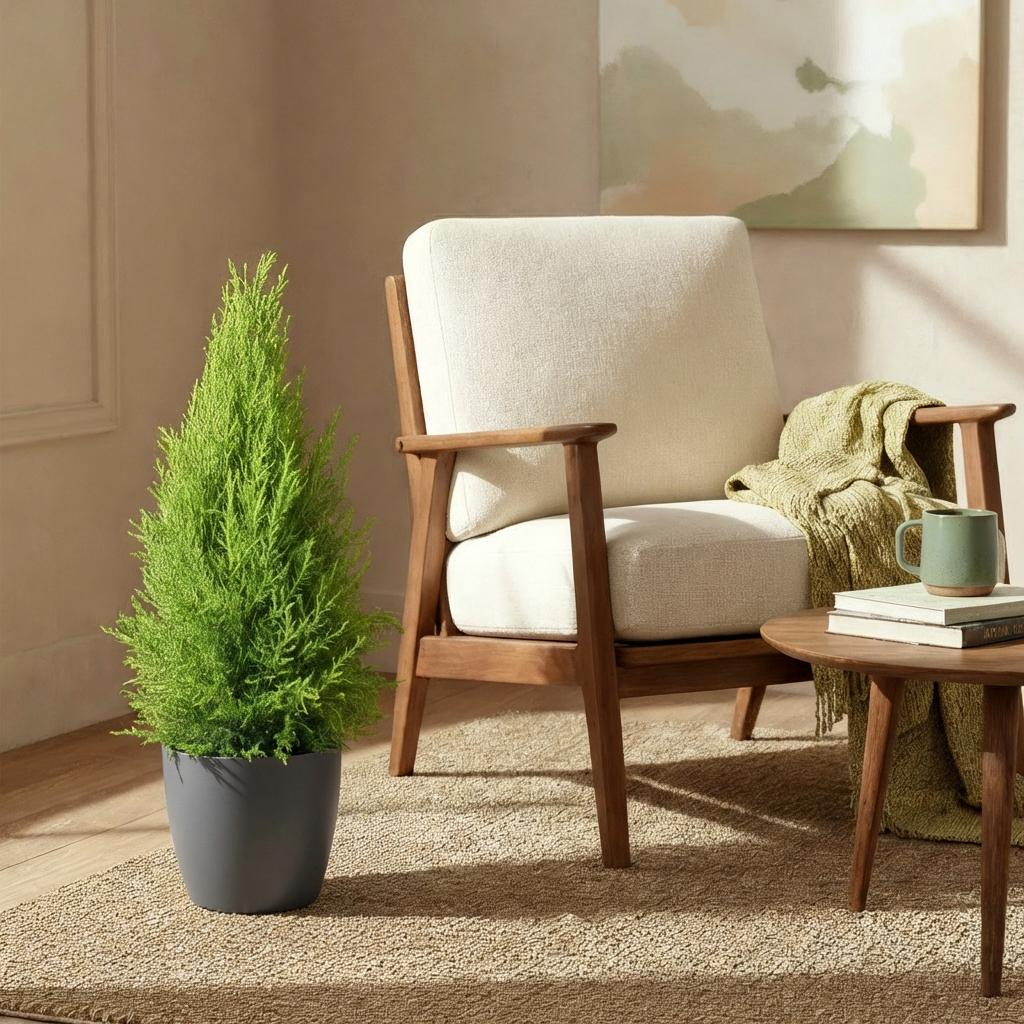 Green BoutiQ - Plantes d'intérieur - Cupressus Gold Crest Wilma - Conifère d'intérieur - Entretien facile - Vert - 1 plante - avec pot gris - Pot 21 cm - Hauteur 85-95 cm