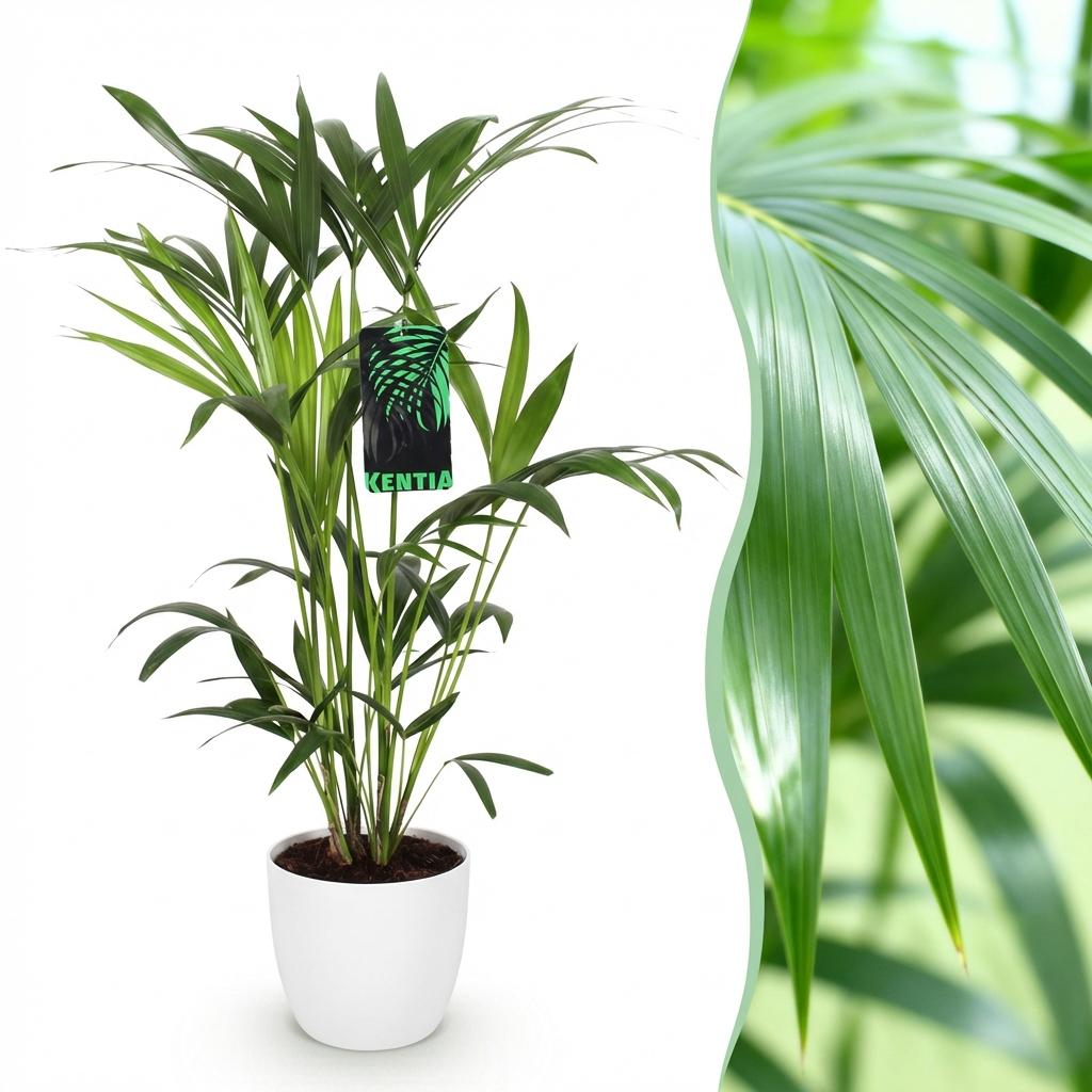 Green boutiQ - Plante d'intérieur - Howea Forsteriana - Kentia Palm - Peu d'entretien - Verte - 1 Plante - avec Cache-pot Blanc - Pot 19cm - Hauteur 80-85cm