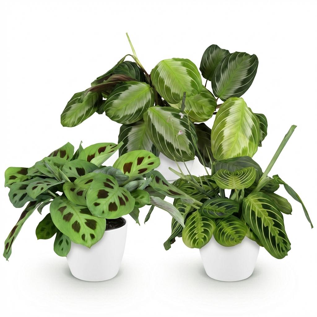 Green boutiQ - Zimmerpflanze - Maranta Silverband, Maranta Lemon Lime, Maranta Kerchoveana - Gebetspflanze - Haustierfreundliche Pflanze - Grün - 3 Pflanzen - mit Topf Weiß - Topf 12cm - Höhe 25cm