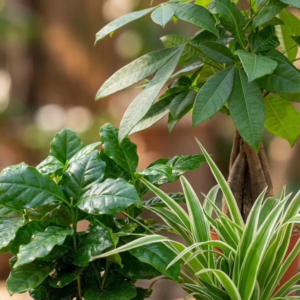 Green boutiQ - Mélange de 3 plantes d'intérieur faciles - Pachira Aquatica, Coffea Arabica, Chlorophytum - Vert - Peu d'entretien - 3 plantes - Pot 12 - 14 cm - Hauteur 25 - 45 cm