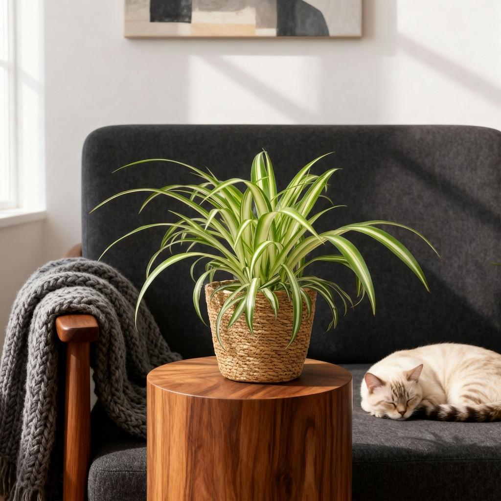 Green boutiQ - Plante d'intérieur - Chlorophytum comosum Variegatum - Phalangère panachée - Plante adaptée aux animaux de compagnie - Vert - 2 Plantes - avec Panier - Pot 12cm - Hauteur 20cm