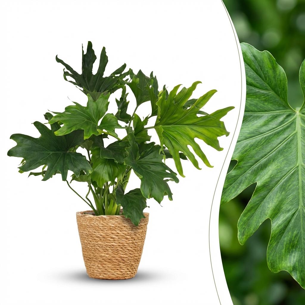 Green boutiQ - Plante d'intérieur - Philodendron - Philodendron Lickety Split - Vert - Entretien facile - 1 plante - avec panier - Pot 19 cm - Hauteur 70 cm