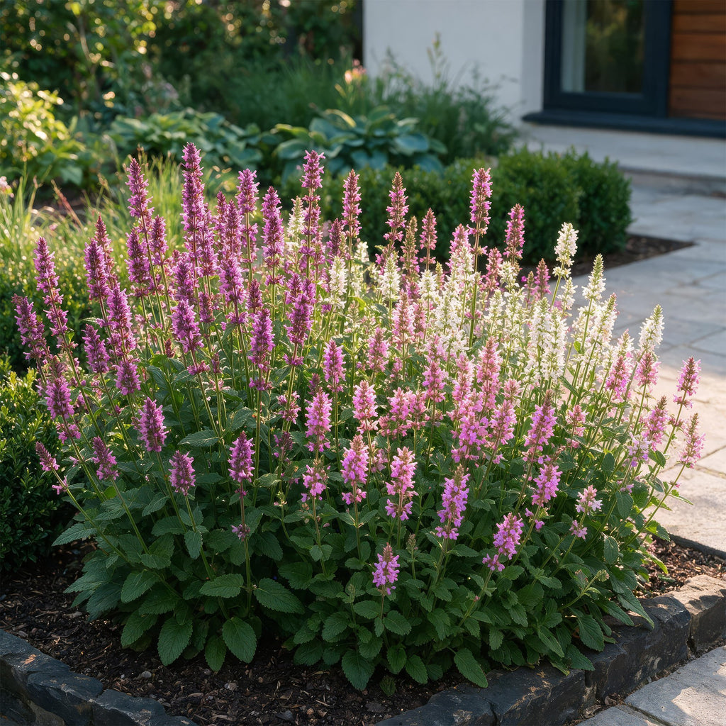 Green boutiQ - Stauden - Stachys Duo - Ziest - Bienen- und Schmetterlingsmagnet - Rosa - Lila - Weiß - 6 Pflanzen - Topf 11cm - Höhe 15-25cm