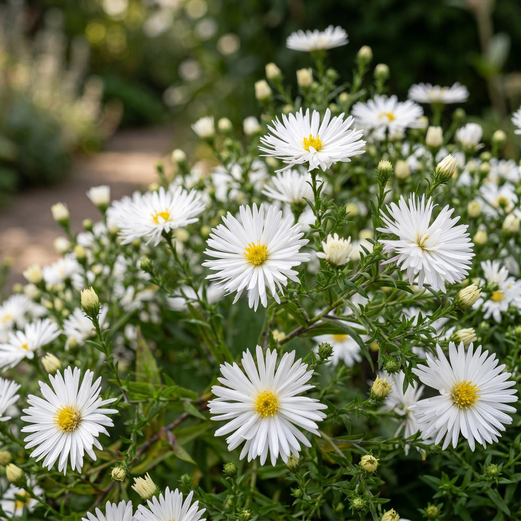 Green boutiQ - Stauden - Aster (D) Schneekissen - Strand-Aster - Bienen- und Schmetterlingsmagnet - Weiß - 3 Pflanzen - Topf 11cm - Höhe 15-25cm