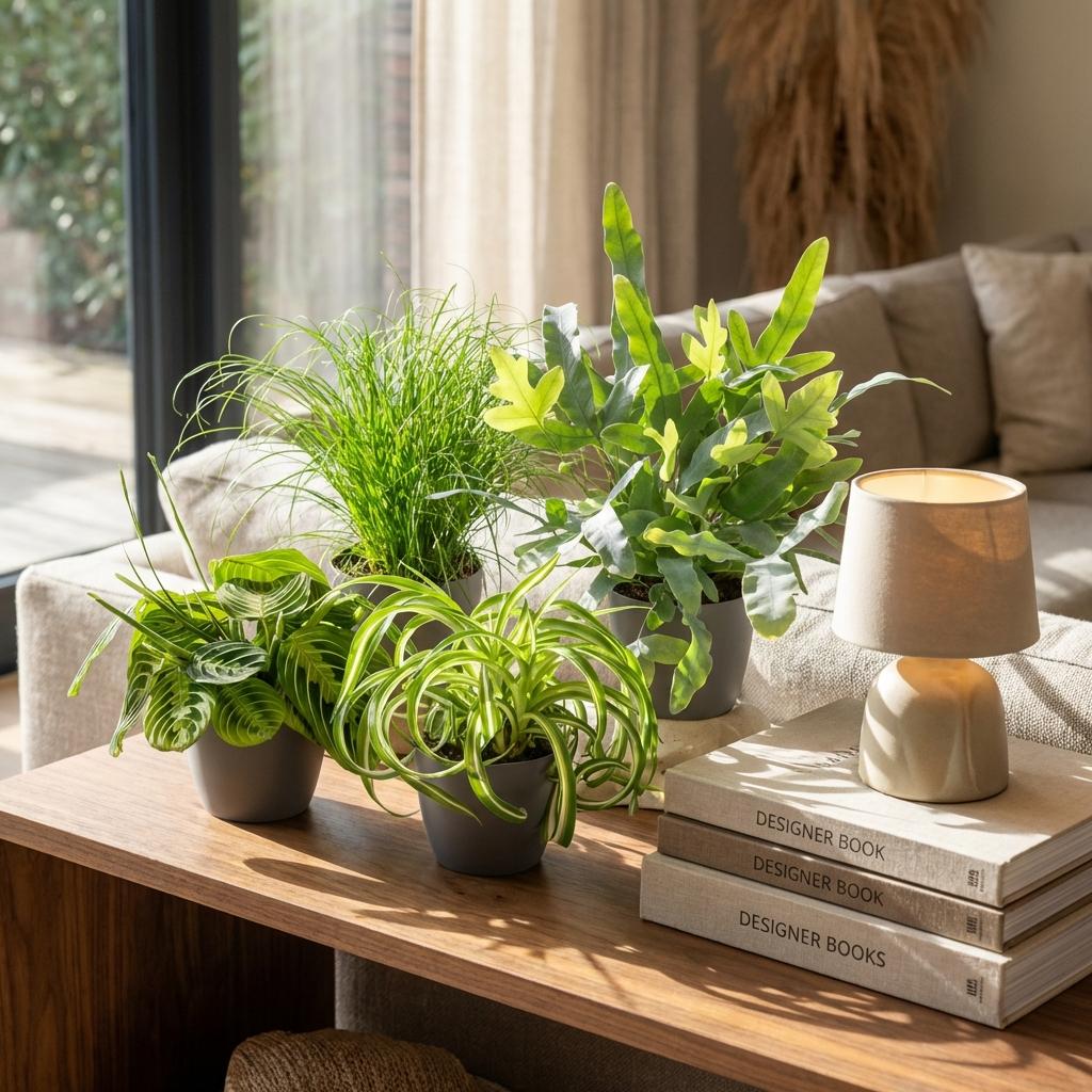 Green boutiQ - Zimmerpflanze - Chlorophytum - Cyperus - Phlebodium - Marantha - 4er-Set - Haustierfreundliche Pflanzen - Grün - 4 Pflanzen - mit grauem Topf - Topf 12cm - Höhe 25cm