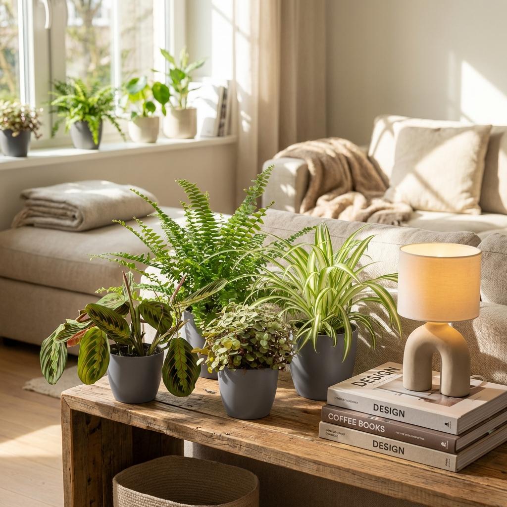 Green boutiQ - Zimmerpflanze - Chlorophytum - Maranta - Callisia - Nephrolepis - 4er-Set - Haustierfreundliche Pflanzen - Grün - 4 Pflanzen - mit grauem Übertopf - Topf 12 cm - Höhe 25 cm