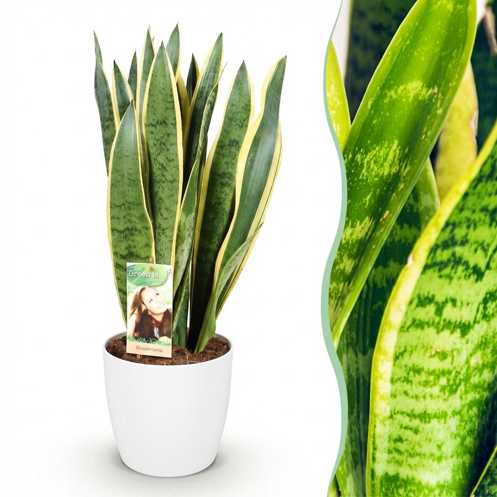 Green BoutiQ - Zimmerpflanzen - Sansevieria Laurentii - Bogenhanf - Pflegeleicht - Grün - 1 Pflanze - mit Topf Weiß - Topf 21cm - Höhe 70-80cm