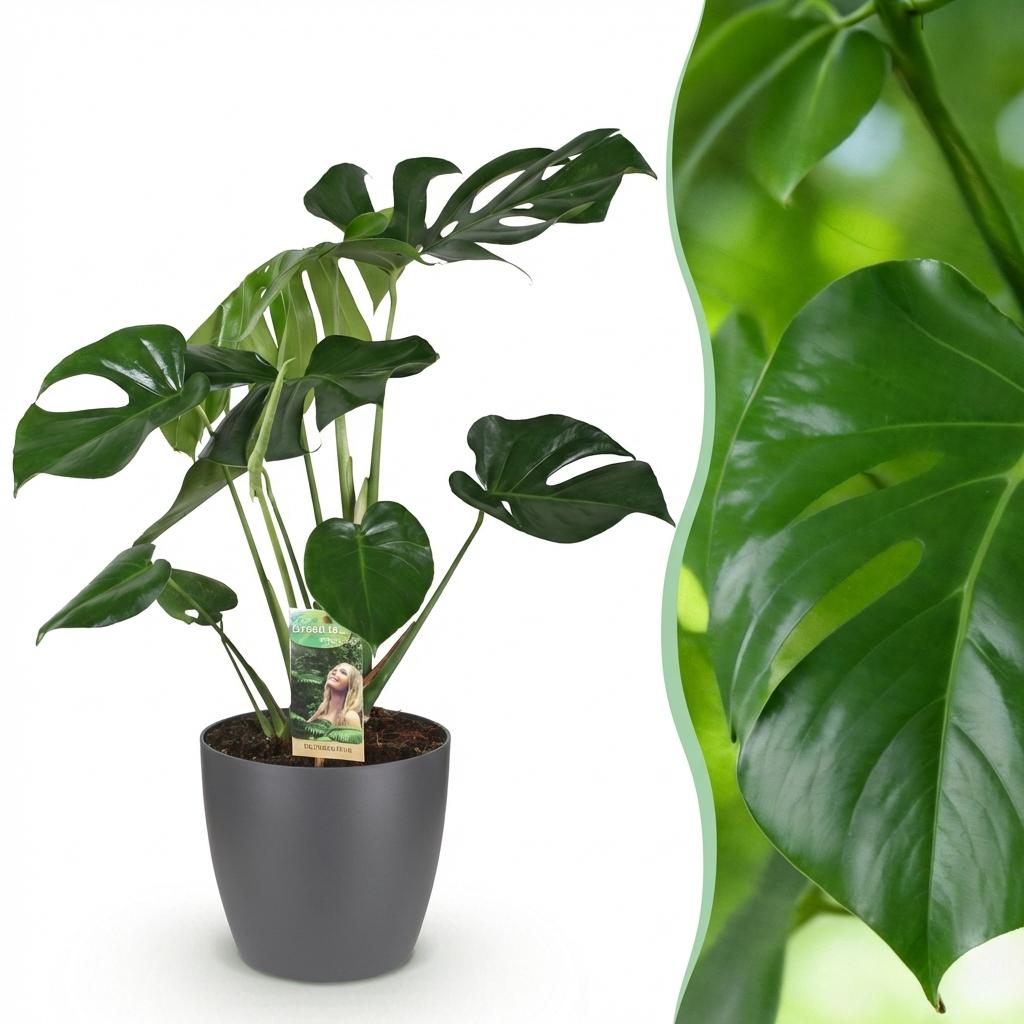 Green BoutiQ - Plantes d'intérieur - Monstera Deliciosa - Plante à trous - Peu d'entretien - Vert - 1 plante - avec pot gris - Pot 21 cm - Hauteur 70-80 cm