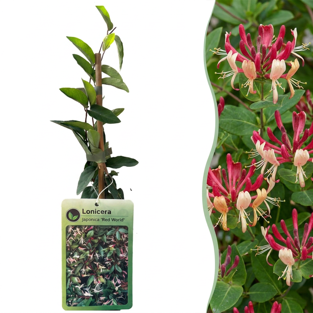 2x Lonicera jap. 'Red World' - Japanese honeysuckle - Red - Pink - Climber - Ø9cm - ↕35cm