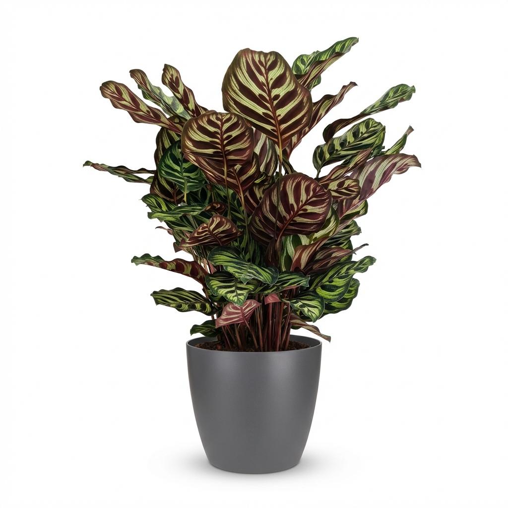Green boutiQ - Plante d'intérieur - Plante paon - Calathea Makoyana - Vert - Entretien facile - 1 plante - avec pot gris - Pot 19cm - Hauteur 70cm
