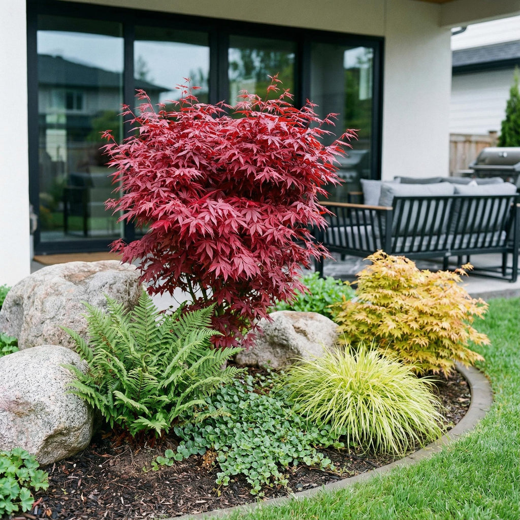 Green boutiQ - Plante de jardin - Acer palmatum Skeeters Broom - Érable du Japon - Caduc - Rouge - 1 - Pot 26cm - Hauteur 90cm