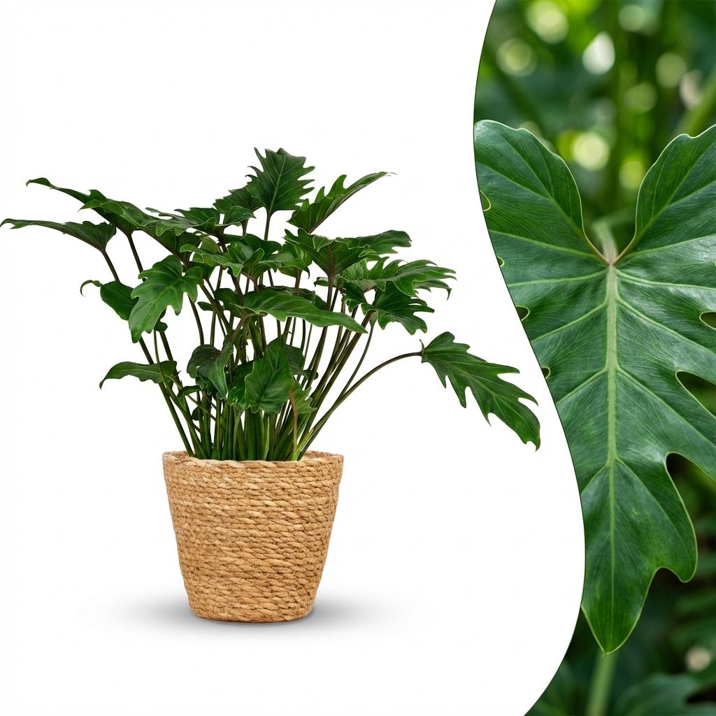 Green boutiQ - Plante d'intérieur - Philodendron - Philodendron Xanadu - Vert - Entretien facile - 1 plante - avec panier - Pot 19 cm - Hauteur 60 cm