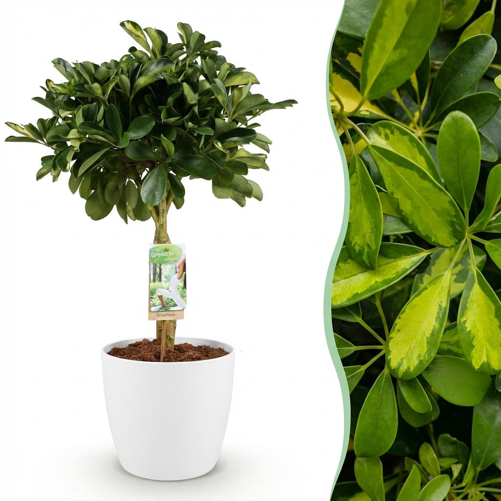 Green boutiQ - Plantes d'intérieur - Schefflera Gold Capella - Arbre à ombrelle - Peu d'entretien - Vert - doré - 1 Plante - avec Pot Blanc - Pot 21cm - Hauteur 70-80cm
