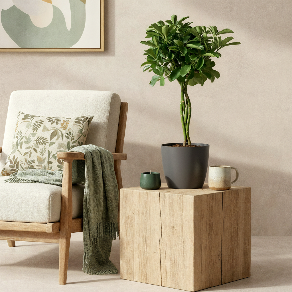 Green boutiQ - Plante d'intérieur - Plante ombrelle - Schefflera Nora - Vert - Peu d'entretien - 1 plante - avec pot gris - Pot 21cm - Hauteur 70 - 80cm