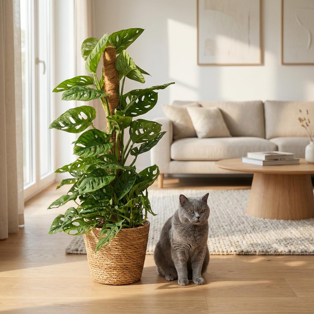 Green boutiQ - Plante d'intérieur - Monkey Mask - Monstera Adansonii sur tuteur - Vert - Entretien facile - 1 plante - avec panier - Pot 19cm - Hauteur 90cm